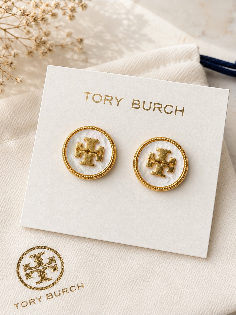 Tory Burch Gold-Tone Logo and White Mother-of-Pearl Round Stud Earrings